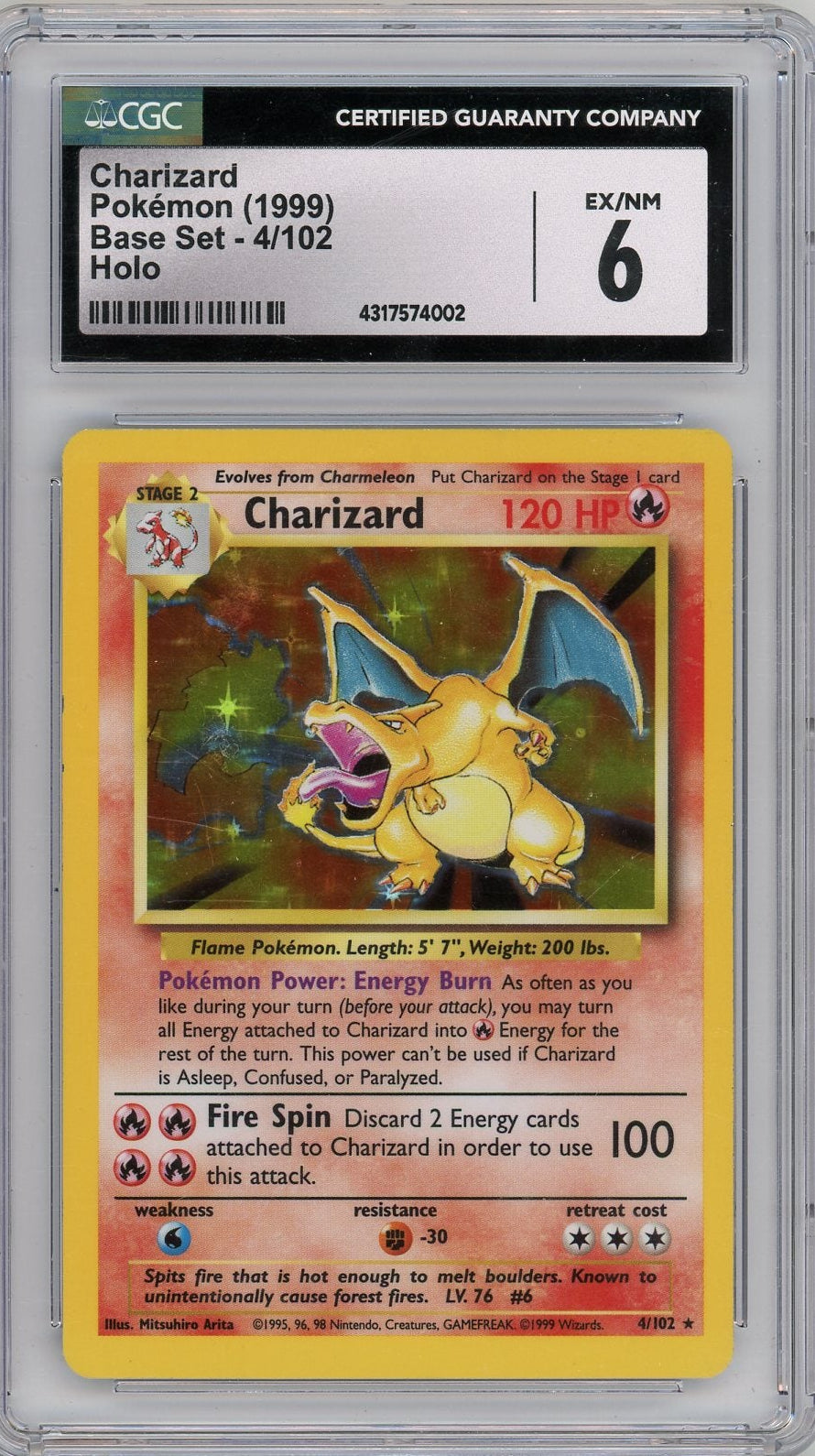 Charizard 1999 Pokemon Base Set holo #4/102 CGC 6