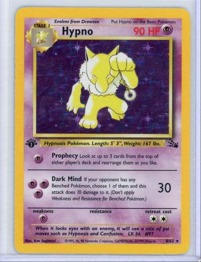 Hypno Pokémon Fossil 1st Edition Holo #8/62