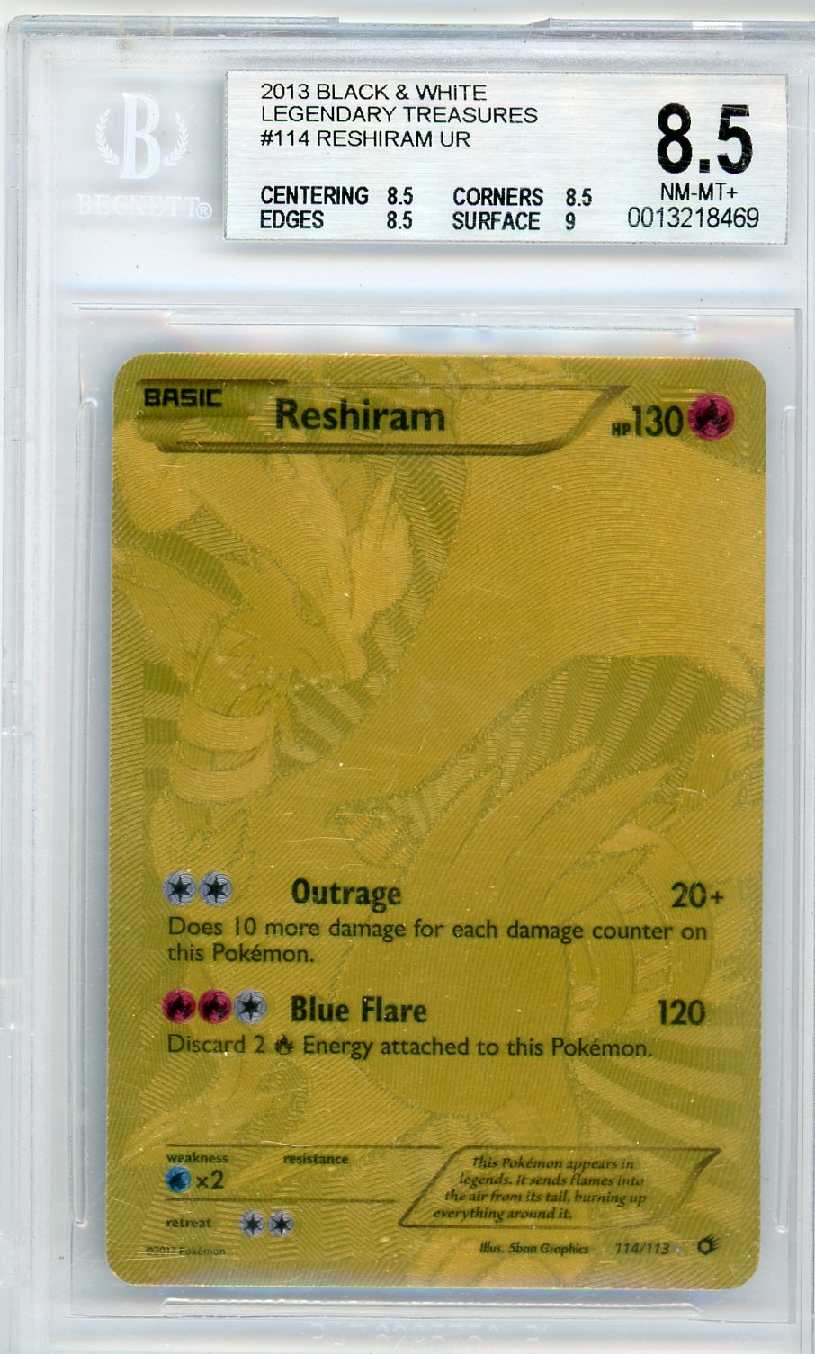 Reshiram Pokemon Black & White Legendary Treasures Gold Secret Rare #114/113 8.5